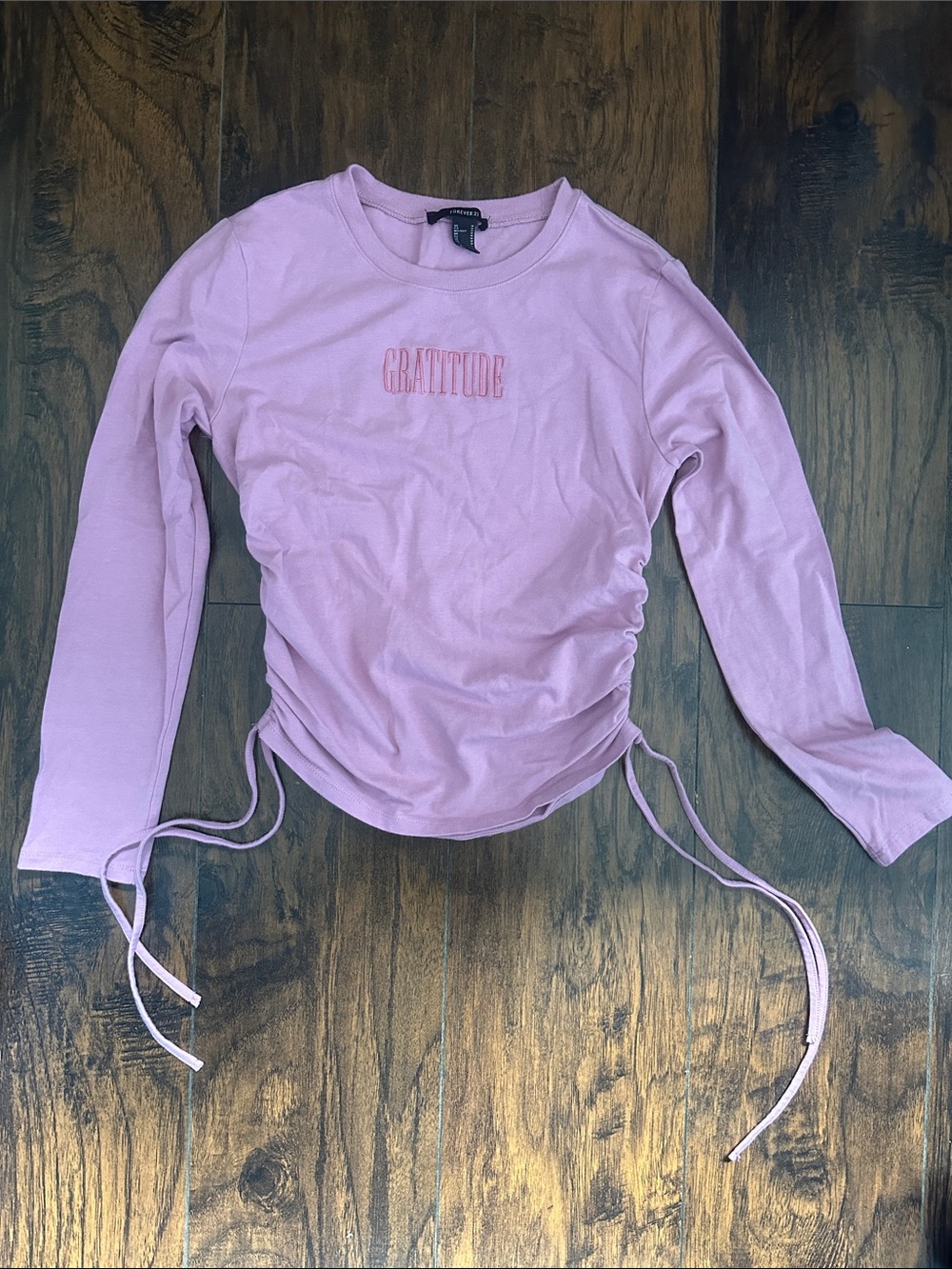 Forever 21 Pink Side-Ruched Long Sleeve Top with 'GRATITUDE' Embroidery